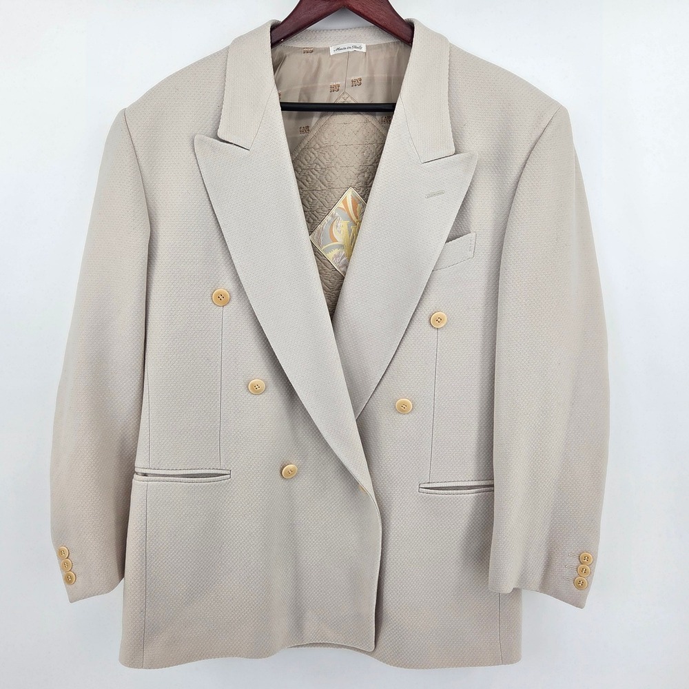 Pal Zileri Mens Beige Wool Double Breasted Blazer Jacket Made in Italy 48